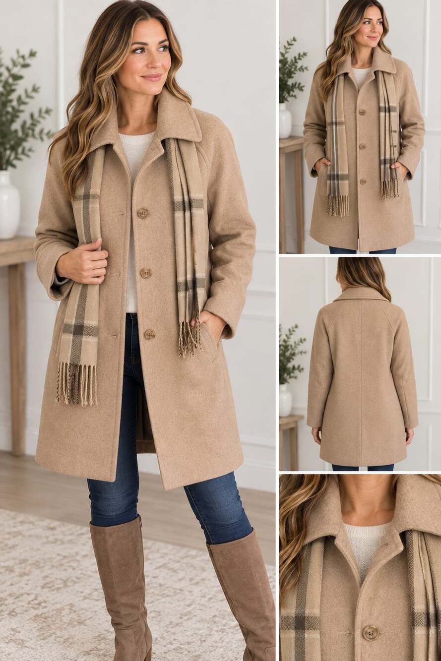 London Fog Women's Oatmeal Heather Wool Blend Raglan Coat with Scarf Size M